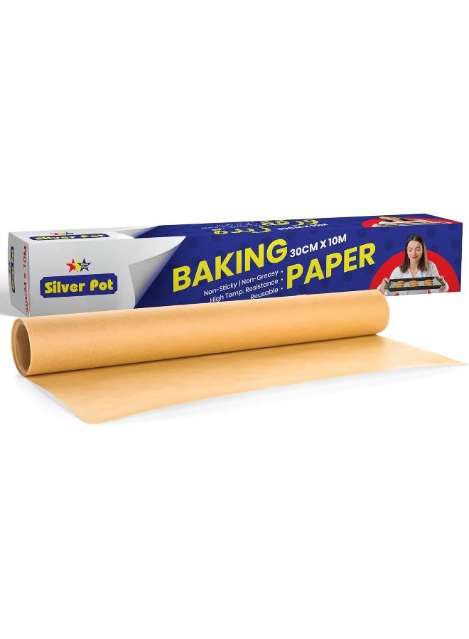 Silver Pot Baking Paper Roll 10 Meter x 30cm, Non-Stick Parchment Paper for Baking Cooking & Rapping, Oven Safe & Food Grade Baking Sheet Liners - Image 1